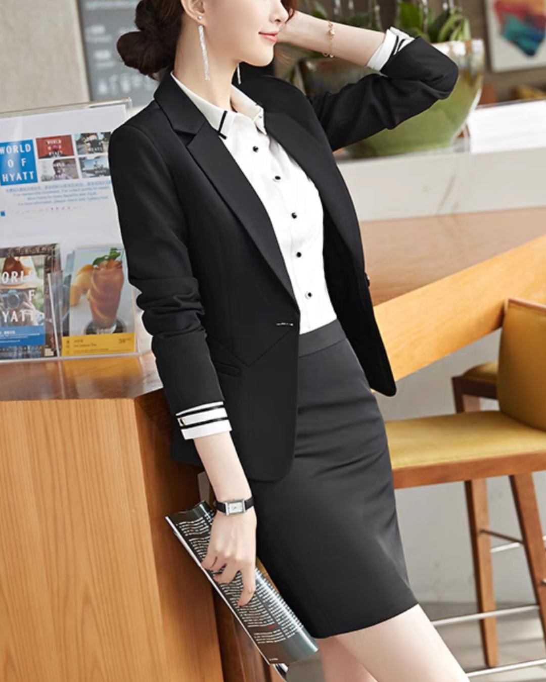 レディーススーツ3点セット ジャケット+ストレートパンツ+スカート ブラック Mサイズ